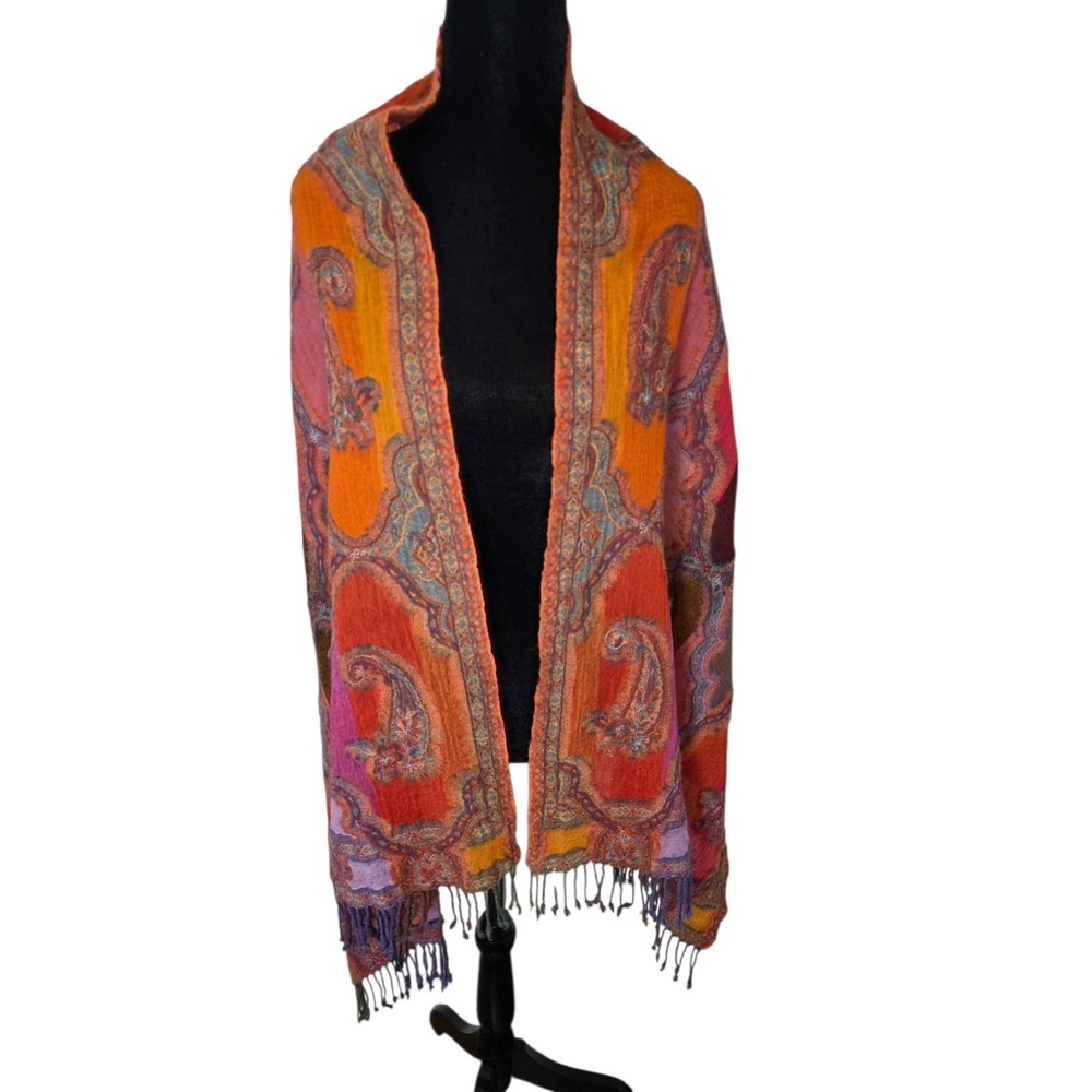 Vismaya 100% Wool Paisley Fringe Scarf Shawl Wrap Orange Purple Boho India